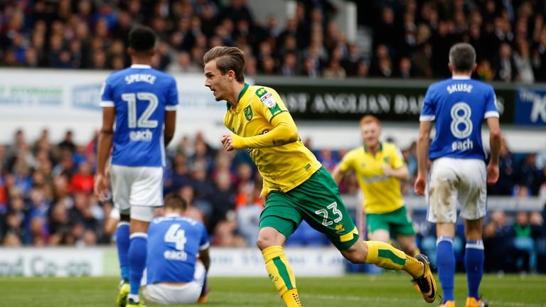 IPSWICH, ENGLAND - OCTOBER 22:  James Maddison of Norwich City celebrates scoring his sides first goal during the Sky Bet Championship match between Ipswic