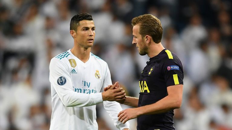 MADRID, SPAIN - OCTOBER 17:  Cristiano Ronaldo of Real Madrid and Harry Kane of Tottenham Hotspur speak after the UEFA Champions League group H match betwe