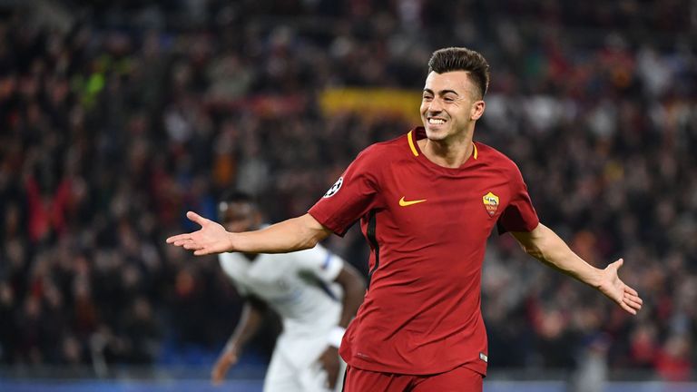 Roma's Italian striker Stephan El Shaarawy celebrates after scoring a second goal during the UEFA Champions League football match AS Roma vs Chelsea on Oct