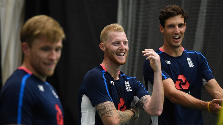 CARDIFF, WALES - JUNE 05:  England players David Willey (l)  Ben Stokes (c) and Steven Finn react during a game of Football during nets at the Swalec Stadi