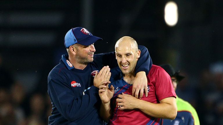 HOVE, ENGLAND - JULY 11: James Tredwell of Kent (R) celebrates with team mate Darren Stevens after bowling and catching Sussex's Yasir Arafat during the Na