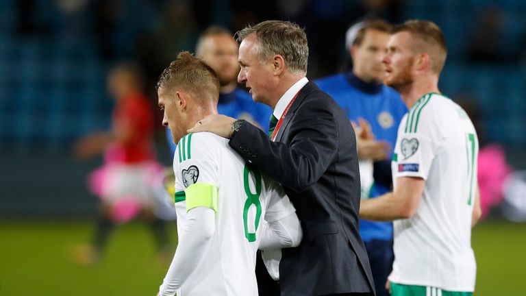Northern Ireland manager Michael O'Neill (centre) with Steven Davis after the 2018 FIFA World Cup Qualifier v Norway at the Ullevaal Stadion, Oslo