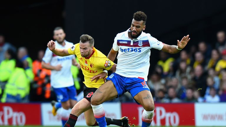 Maxim Choupo-Moting competes for the ball with Tom Cleverley