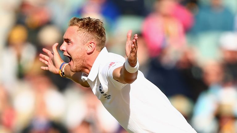 Stuart Broad of England appeals unsuccessfully for the wicket of Brad Haddin of Australia