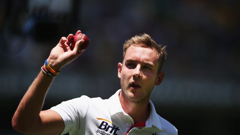 Stuart Broad of England raises the ball at the end of the innings after taking 6 wickets