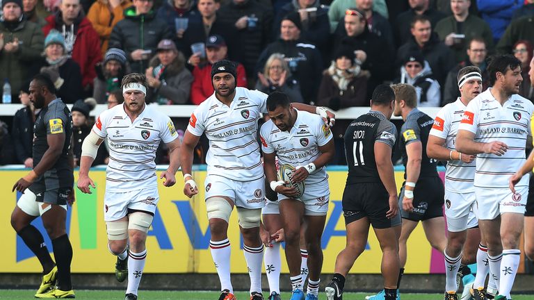 Leicester's Telusa Veainu is congratulated after scoring the opening try