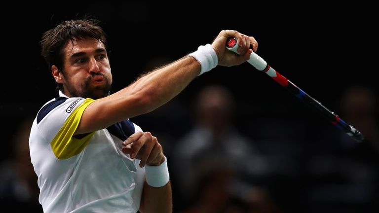 Jeremy Chardy of France competes against Gilles Simon of France during Day 1 of the Rolex Paris Masters
