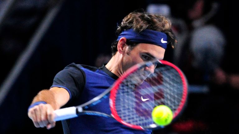 Roger Federer of Switzerland in action during the final match of the Swiss Indoors ATP 500 tennis tournament against Rafael Nadal