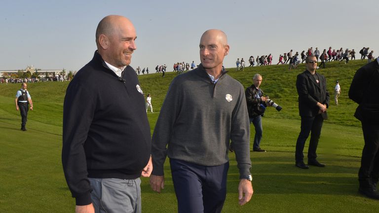 PARIS, FRANCE - OCTOBER 16:  Thomas Bjorn of Denmark (L) and Jim Furyk (R) of the United States of America, Captains of the Ryder Cup 2018 speak during the