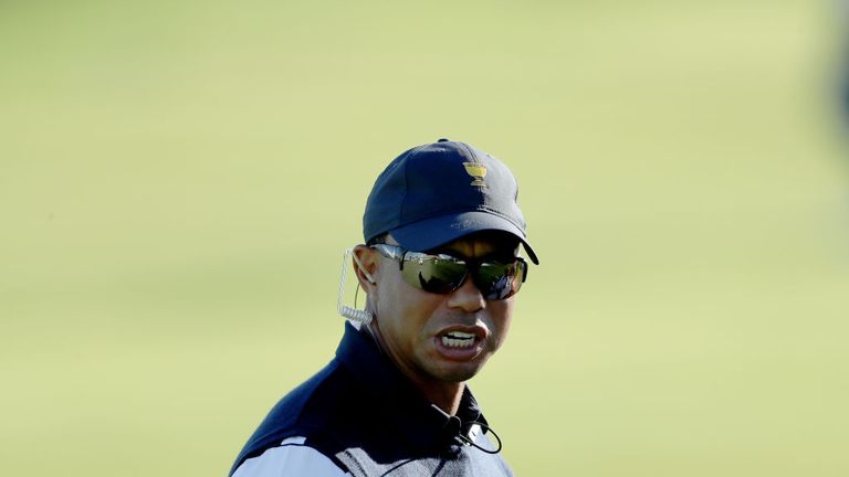 Tiger Woods one of the assistant captain's of the United States team during the first day foursomes matches for the 2017 Presidents Cup in Jersey City