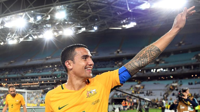Australia's Tim Cahill waves to the fans after Australia defeated Syria in their 2018 World Cup football qualifying match.