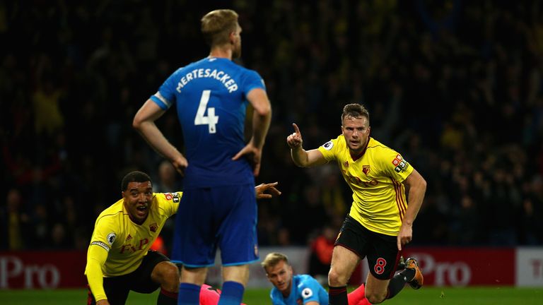 WATFORD, ENGLAND - OCTOBER 14:  Tom Cleverley of Watford (8) celebrates as he scores their second goal during the Premier League match between Watford and 