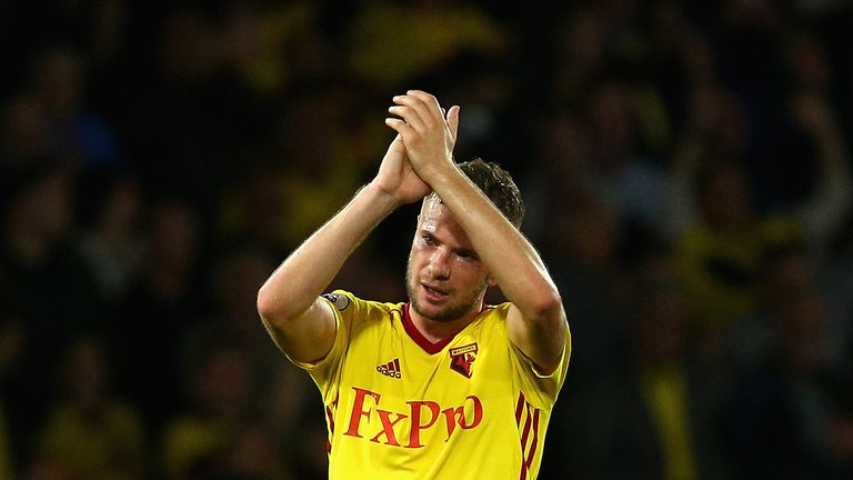 WATFORD, ENGLAND - OCTOBER 14:  Match winning goal scorerTom Cleverley of Watford (8) celebrates victory after the Premier League match between Watford and