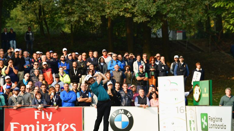 MONZA, ITALY - OCTOBER 13: Tommy Fleetwood of England tees off on the 16th hole during day two of the Italian Open at Golf Club Milano - Parco Reale di Mon