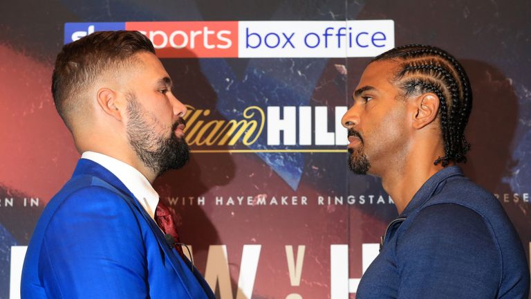Tony Bellew and David Haye face off during the Bellew v Haye II press conference at Park Plaza Westminster Bridge