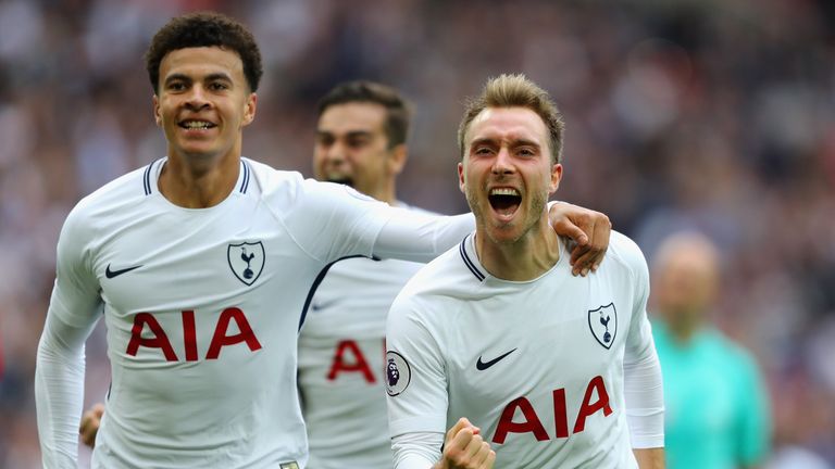 Christian Eriksen celebrates with Dele Alli after scoring for Tottenham against Bournemouth