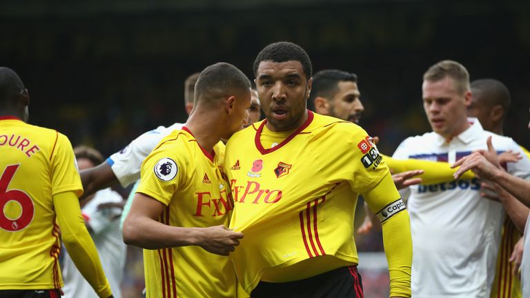 WATFORD, ENGLAND - OCTOBER 28: Troy Deeney of Watford reacts during the Premier League match between Watford and Stoke City at Vicarage Road on October 28,