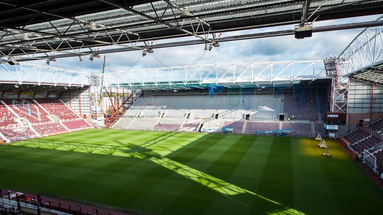 A general view of Tynecastle, as construction work continues on the new main stand