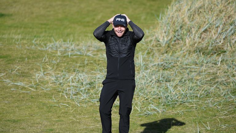 ST ANDREWS, SCOTLAND - OCTOBER 07:  Tyrrell Hatton of England reacts on the 6th green during day three of the 2017 Alfred Dunhill Championship at Kingsbarn