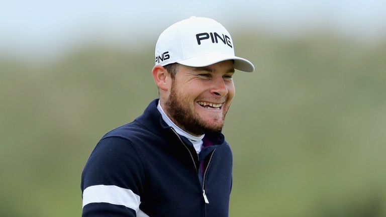 ST ANDREWS, SCOTLAND - OCTOBER 08:  Tyrrell Hatton of England in good spirits on the 14th green during the final round of the 2017 Alfred Dunhill Champions