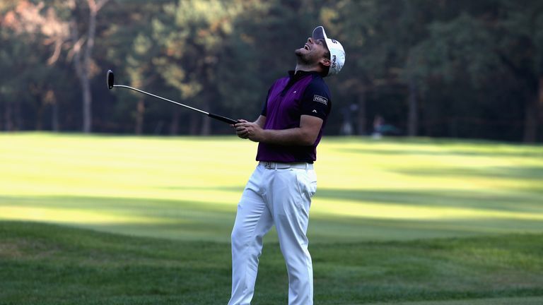 MONZA, ITALY - OCTOBER 15: Tyrrell Hatton of England reacts on the 15th green during the final round of the 2017 Italian Open at Golf Club Milano - Parco R