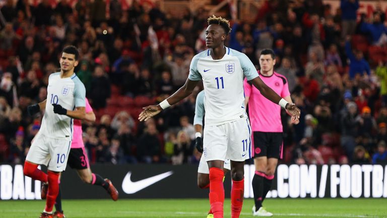 MIDDLESBROUGH, ENGLAND - OCTOBER 06:  Tammy Abraham of England celebrates as he scores their second goal from a penalty during the UEFA European Under 21 C