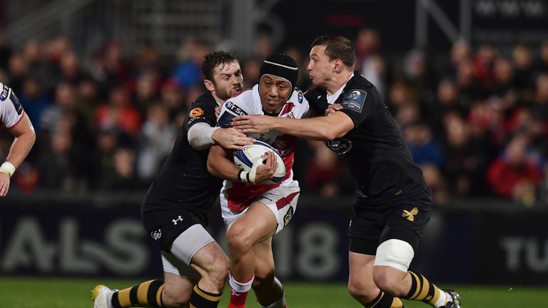 Christian Lealiifano of Ulster is tackled during the European Rugby Champions Cup match between Ulster Rugby and Wasps