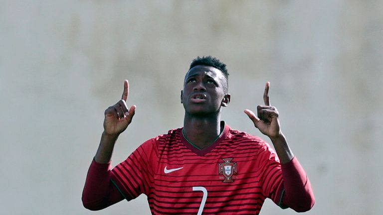 FERREIRAS, PORTUGAL - FEBRUARY 14: Umaro Embalo of Portugal U17 celebrating his goal during the U17 Algarve Cup Tournament Match between Portugal U17 and g