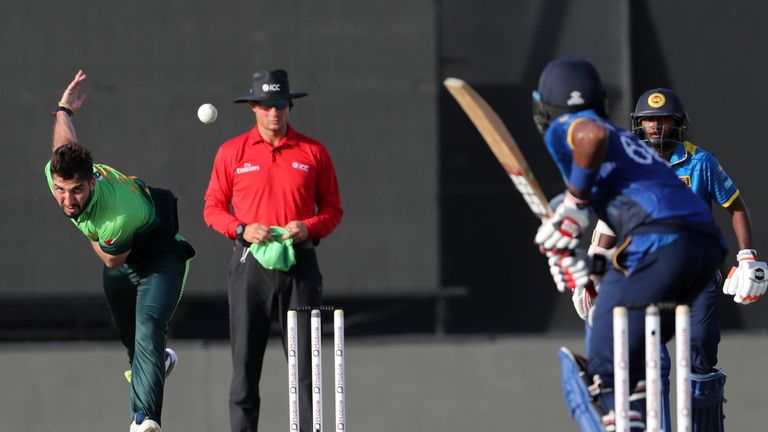 Usman Khan bowls during the fourth one day international (ODI) cricket match between Sri Lanka and Pakistan at Sharjah Cricket Stadium