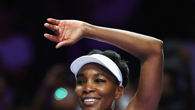 SINGAPORE - OCTOBER 28:  Venus Williams of the United States celebrates victory in her singles semi final match against Caroline Garcia of France during da