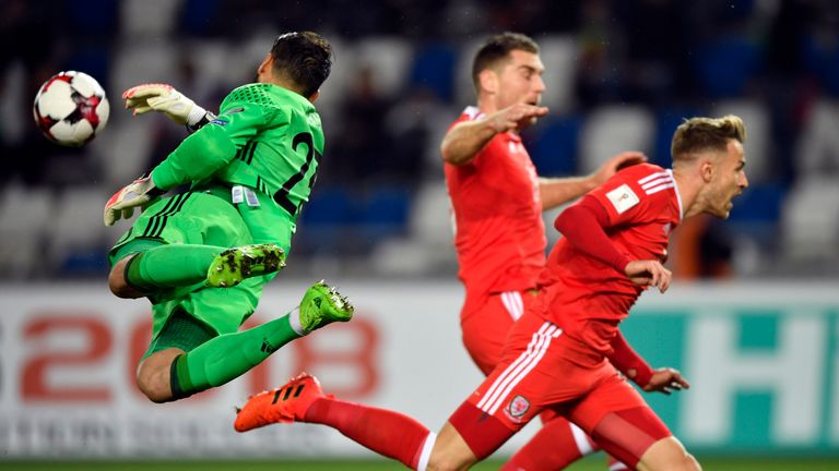 Georgia's goalkeeper Giorgi Loria stops the ball during the FIFA World Cup 2018 qualification football match between Georgia and Wales in Tbilisi on Octobe
