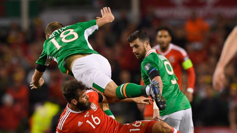 DUBLIN, IRELAND - MARCH 24:  Joe Ledley of Wales challenges David Meyler of the Republic of Ireland during the FIFA 2018 World Cup Qualifier between Republ