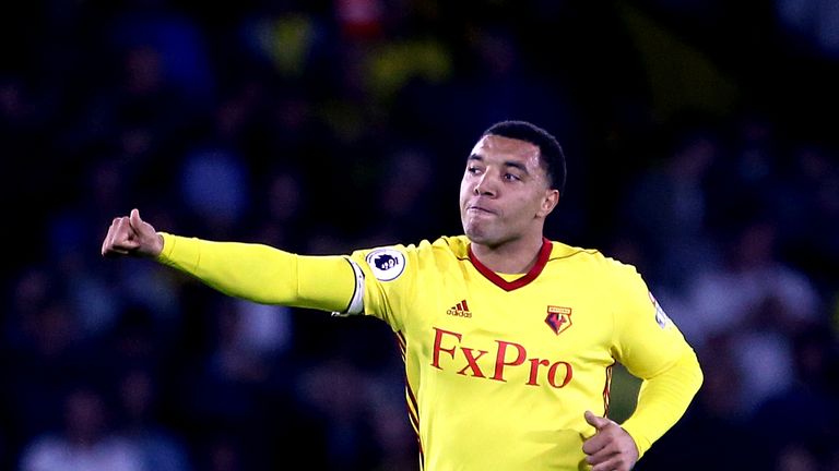 Watford's Troy Deeney celebrates scoring his side's first goal of the game from the penalty spot during the Premier League match at Vicarage Road, Watford.