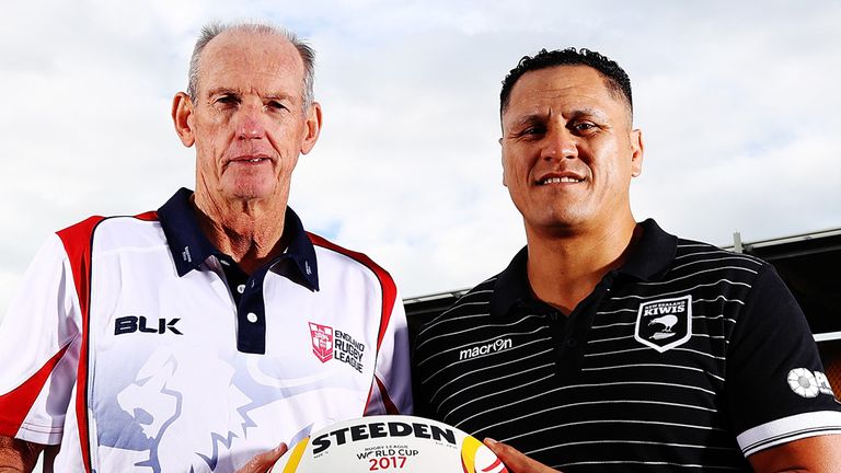 England coach Wayne Bennett (l) and New Zealand boss Dave Kidwell at a Rugby League World Cup photocall