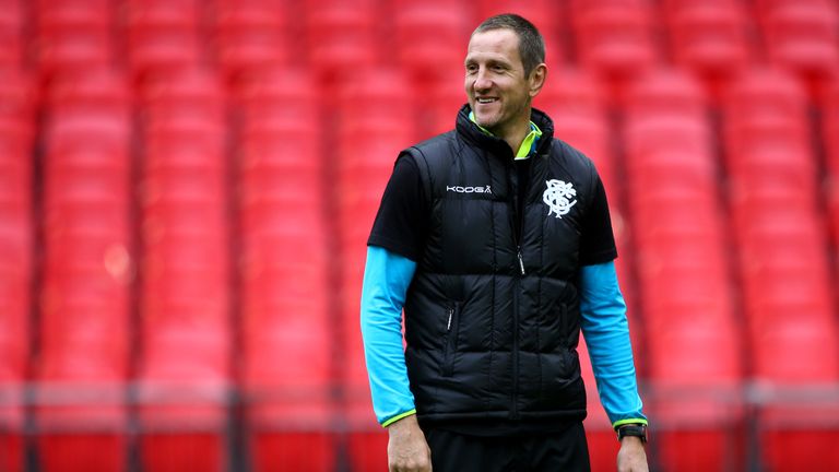 LONDON, ENGLAND - NOVEMBER 04: The Barbarians assistant coach Will Greenwood keeps an eye on the session during the Barbarians Captain's Run at Wembley Sta