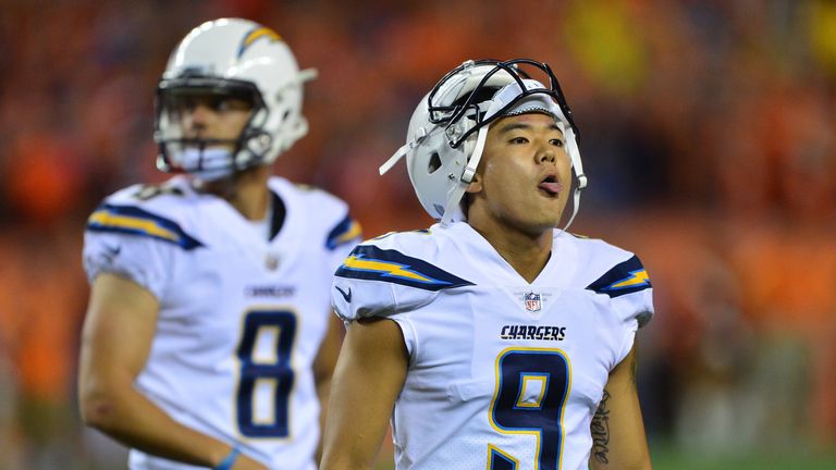 DENVER, CO - SEPTEMBER 11:  Kicker Younghoe Koo #9 of the Los Angeles Chargers reacts to missing a game-tying field goal in the fourth quarter to lose the 