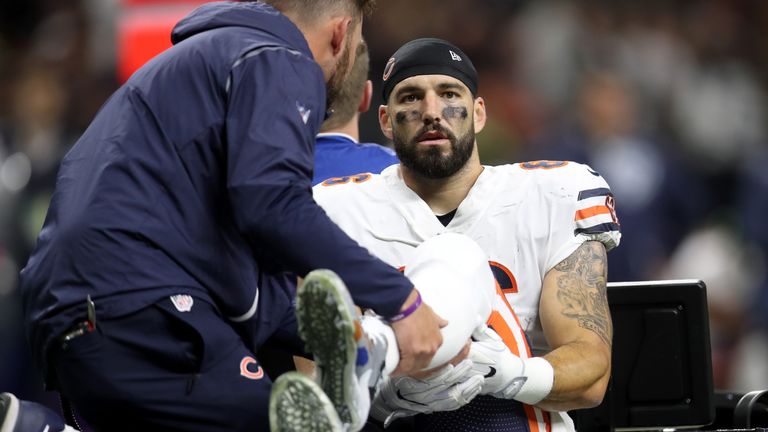 NEW ORLEANS, LA - OCTOBER 29:   Zach Miller #86 of the Chicago Bears is carted off the field after sustaining an injury during the third quarter against th