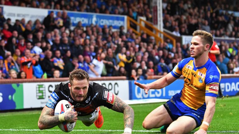 Zak Hardaker scores against Leeds in their June clash. 