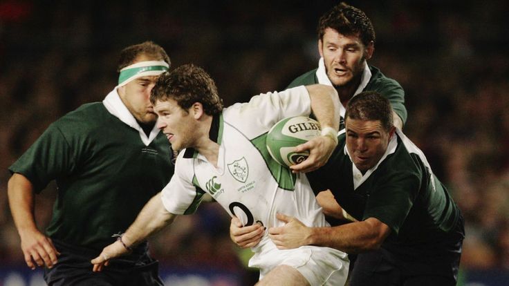 DUBLIN, IRELAND - NOVEMBER 11: Gordon D'Arcy of Ireland is tackled by Andre Pretorius of South Africa during the International Test between Ireland and Sou