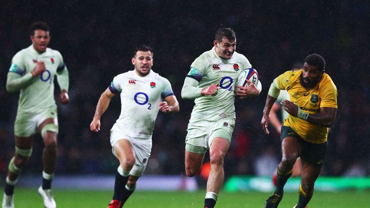 LONDON - NOV 18 2017:  Jonny May of England runs at the Australia defence during the Old Mutual Wealth Series match between England and Australia 