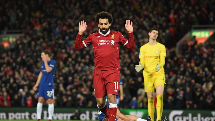 Mohamed Salah of Liverpool celebrates scoring his side's first goal during the Premier League match between Liverpool and Chelsea