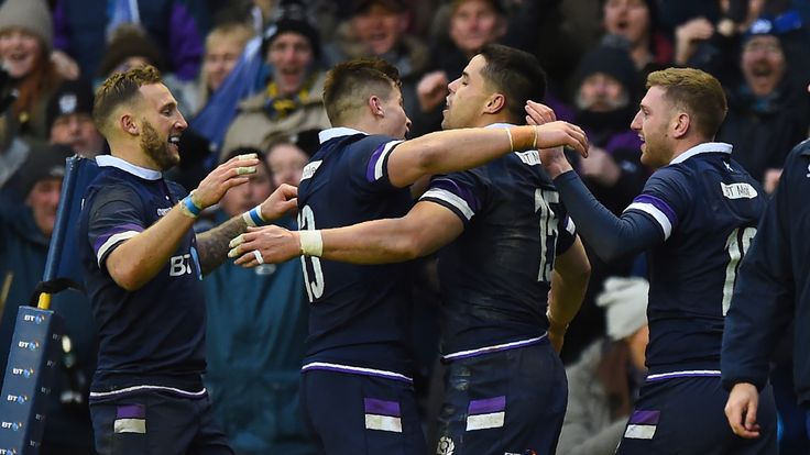 Scotland's full-back Sean Maitland (2nd R) celebrates with teammates after scoring a try against Australia in the 2017 autumn internationals