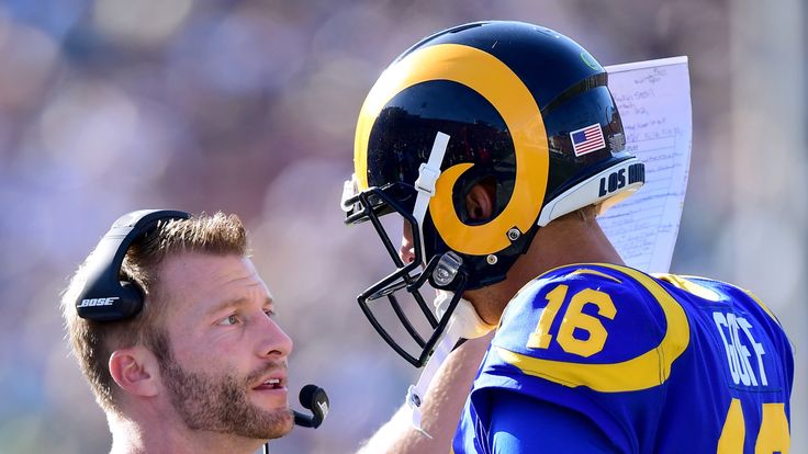 LOS ANGELES, CA - OCTOBER 08: Head coach Sean McVay of the Los Angeles Rams talks with Jared Goff #16 during the fourth quarter in at 16-10 Seattle Seahawk
