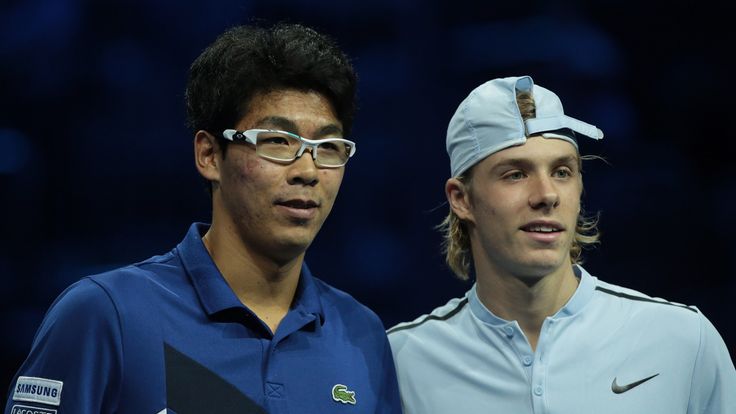 MILAN, ITALY - NOVEMBER 07:  Hyeon Chung of South Korea (L) poses with Denis Shapovalov of Canada during Day 1 of the Next Gen ATP Finals on November 7, 20