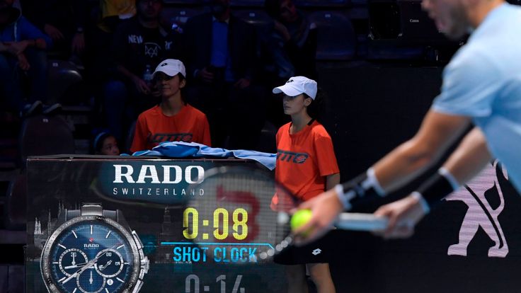 This general view shows the new ATP clock - featuring the "shot clock" (in operation as part of a test of new rules) as Croatia's Borna Coric plays Jared D