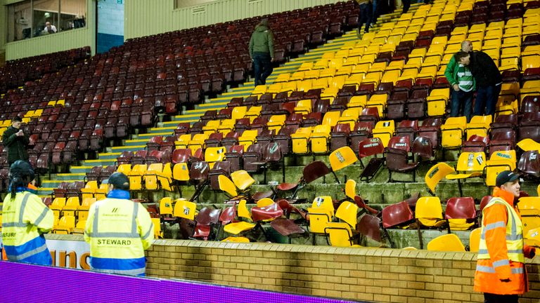 A reported £10,000 worth of damage was caused in an area housing Celtic fans at Fir Park in December 2013