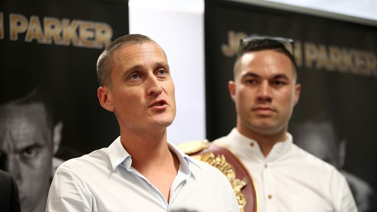 AUCKLAND, NEW ZEALAND - NOVEMBER 08:  David Higgins of Duco Events speaks alongside Joseph Parker (R) during a press conference at Duco Events Office on No