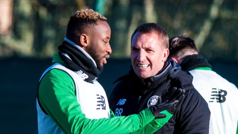 16/11/17 CELTIC TRAINING;  LENNOXTOWN: Celtic manager Brendan Rodgers (R) with Moussa Dembele