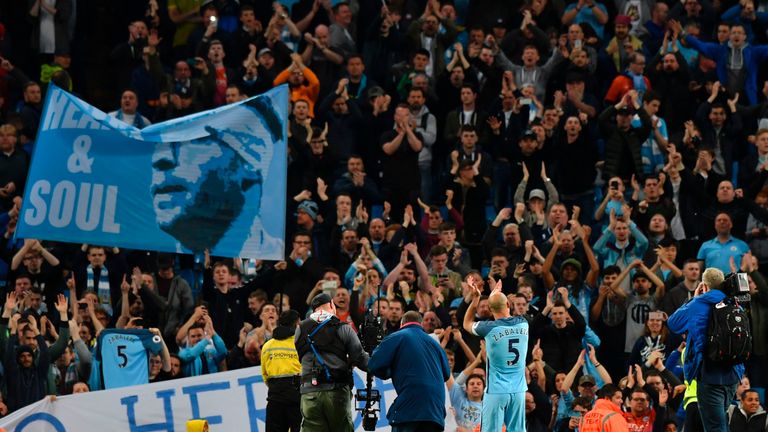 Manchester City's Argentinian defender Pablo Zabaleta takes the applause of the crowd in tribute for his final home appearance for the club