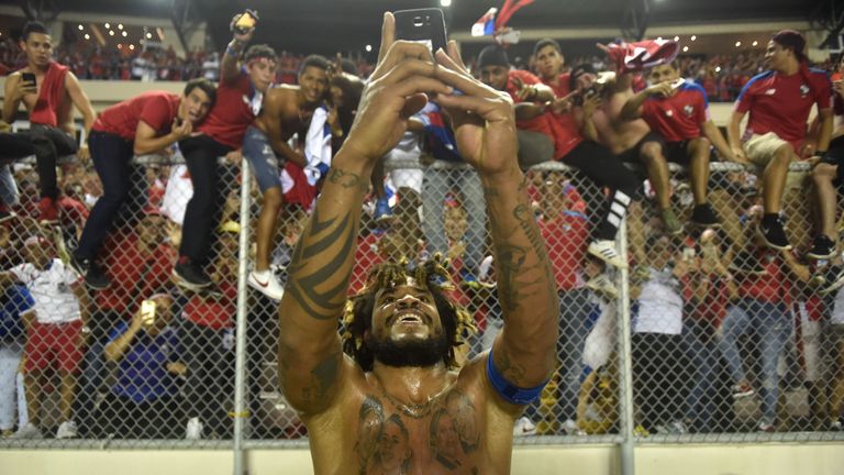 Panama's Roman Torres takes a picture of his team's fans after he scored against Costa Rica during their 2018 World Cup qualifier in October 2017